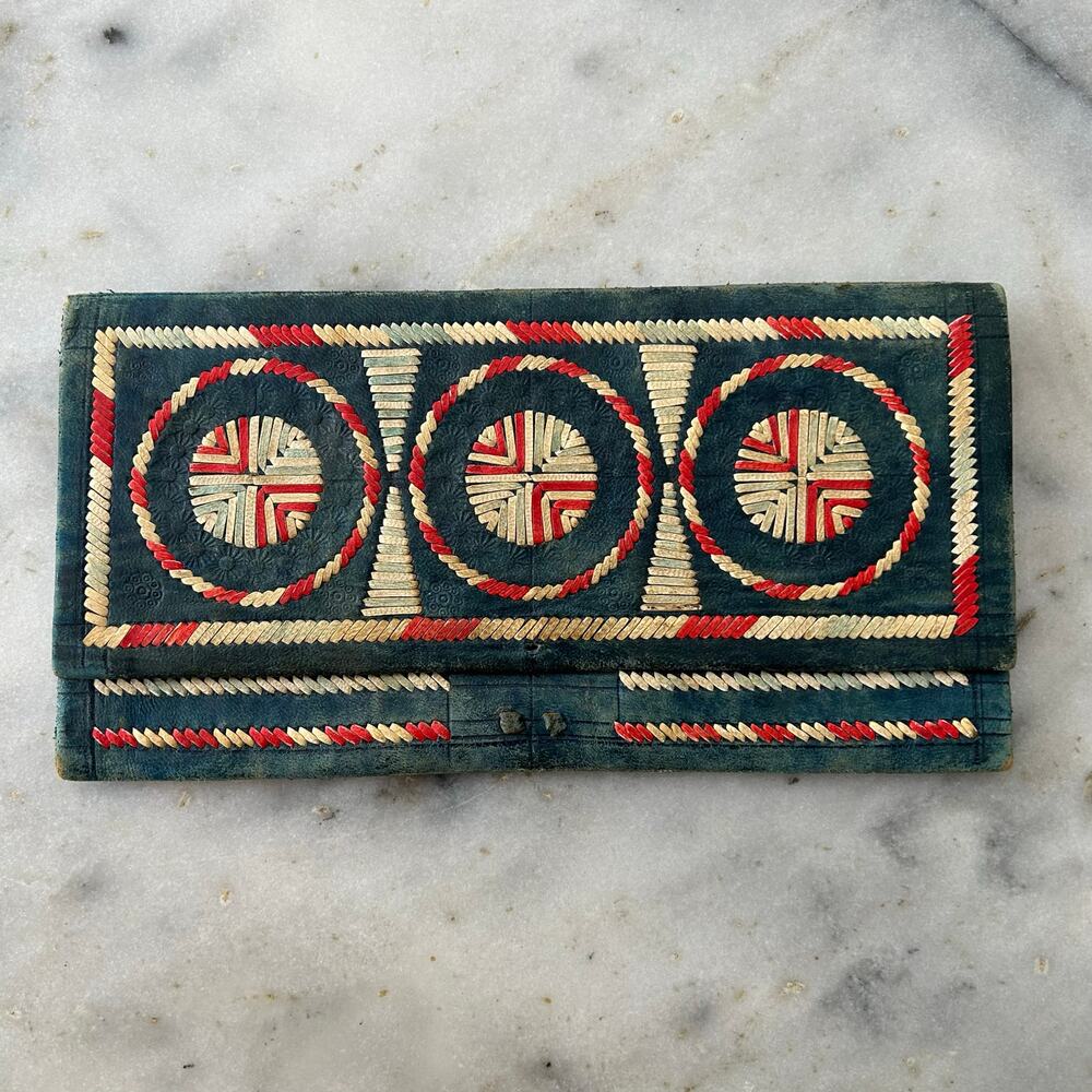 Vintage Handcrafted Leather Wallet – Blue Tooled Leather With Woven Accents